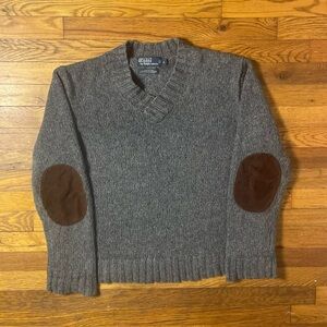 Polo Ralph Lauren Gray V-Neck knit Sweater with Brown Elbow Patches